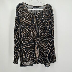 Catherines Women Artsy Sheer Topper Jacket Size 3X Black Gold Swirl Evening Chic